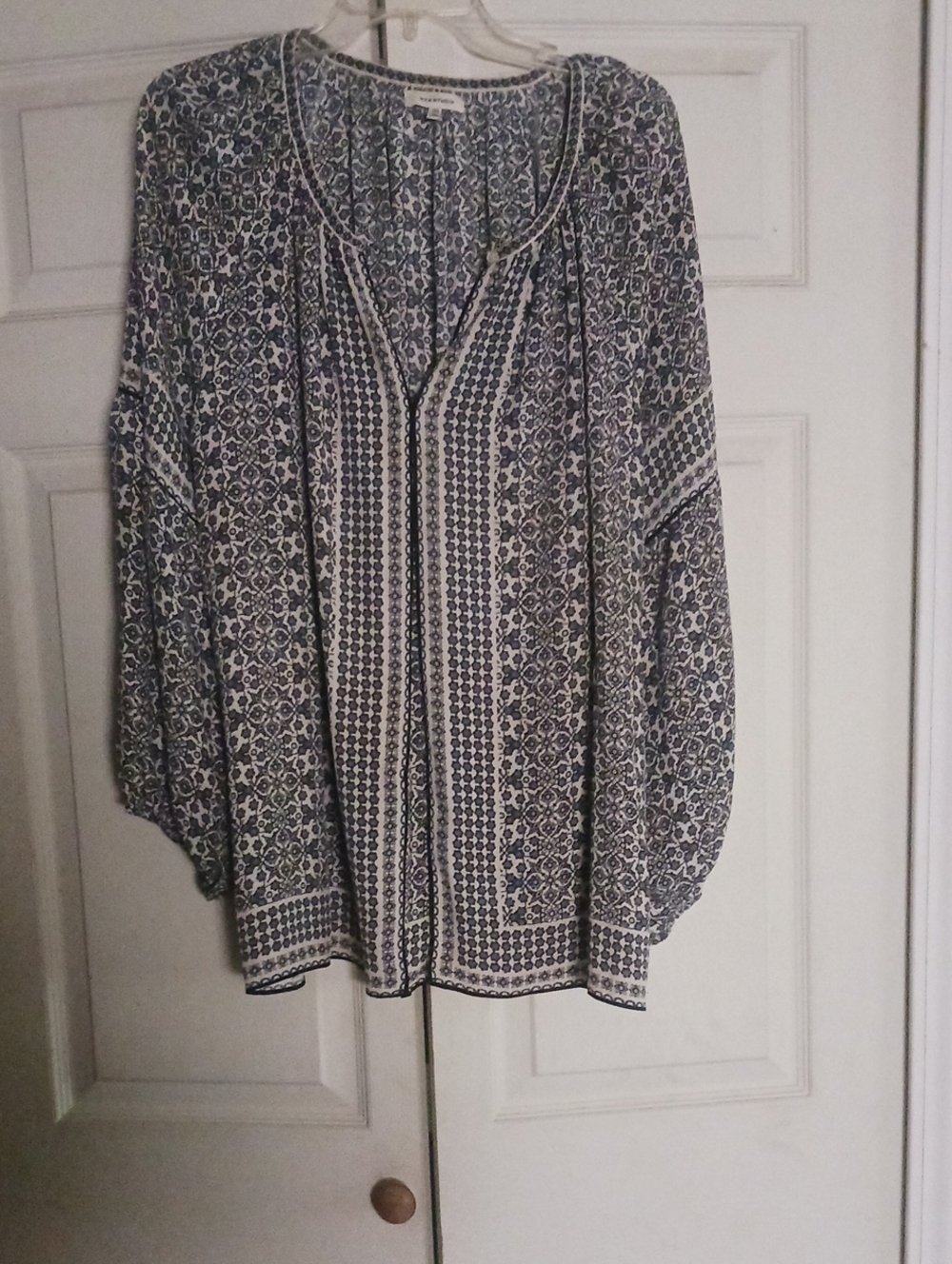 Max Studio Printed V-Neck Peasant Tunic - Blue & White
